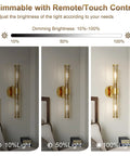 Champagne Gold Battery Operated Wall Sconces Set of 2, Rechargeable Sconce with dimming options displayed at 10%, 50%, and 100% brightness.