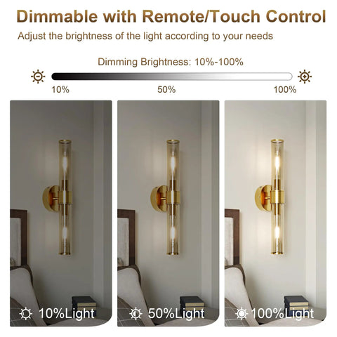 Champagne Gold Battery Operated Wall Sconces Set of 2, Rechargeable Sconce with dimming options displayed at 10%, 50%, and 100% brightness.