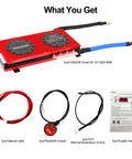 LiFePO4 4S 12V 250A Smart BMS Board With Balance Leads And Wireless Module, cables, and manual shown on white background