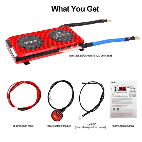 LiFePO4 4S 12V 250A Smart BMS Board With Balance Leads And Wireless Module, cables, and manual shown on white background