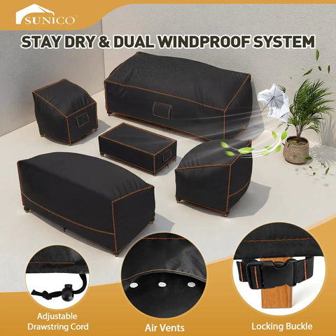 5-Piece Outdoor Patio Furniture Cover Set For All-Weather Protection, Waterproof 420D Material, black covers on furniture set