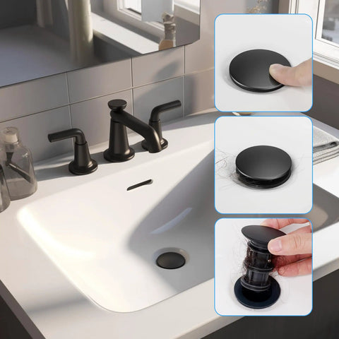 Two Pack Universal Bathroom Sink Drain Stopper With Overflow Push And Seal Pop Up Strainer Basket Ultra Matte Black installed in sink