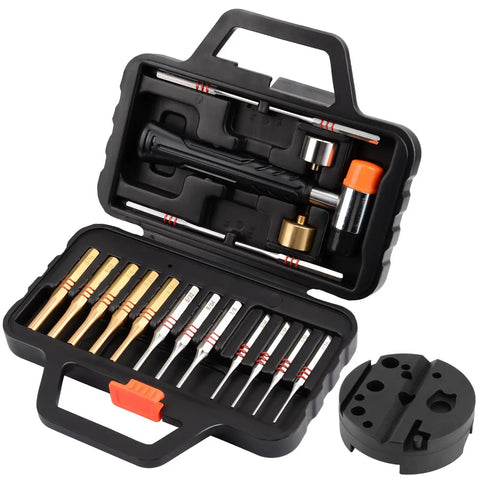Pro Grade Punch Set With Brass Punches, Steel Pin And Roll Pin Punches, Bench Block, Hammer With Detachable Heads in case