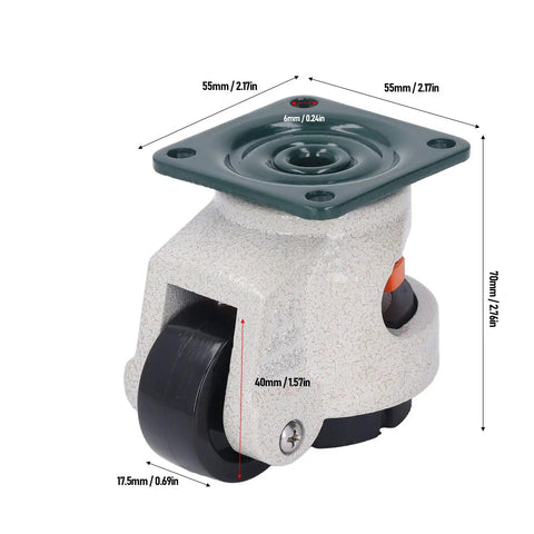 Leveling Caster Wheel 40mm Diameter Adjustable Height Plate Caster For Heavy Furniture And Equipment High Load Capacity Up To 2200 Pounds All Purpose Heavy Duty For Industrial And Home Use In Workshops And Garages, side view with dimensions