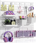 Four Pack White Pegboard Wall Organizer Kit With Thirteen Accessories For Wall Mounting In Home Office Garage And Craft Rooms