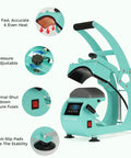 Hat Heat Press Machine For Caps With Two Interchangeable Platens 6.7x3.8 Inches And 6.7x2.5 Inches, Rigid Steel Frame No Stick Teflon Coated, Digital LCD Timer Temperature Control, Portable Desktop Design For Home And Small Business. Angle view with adjustable pressure, LCD, and anti-slip pads