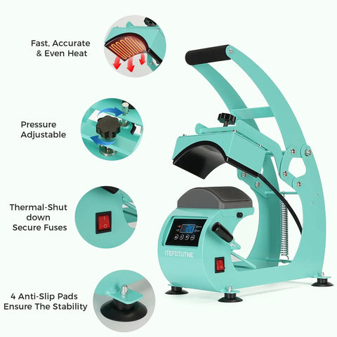 Hat Heat Press Machine For Caps With Two Interchangeable Platens 6.7x3.8 Inches And 6.7x2.5 Inches, Rigid Steel Frame No Stick Teflon Coated, Digital LCD Timer Temperature Control, Portable Desktop Design For Home And Small Business. Angle view with adjustable pressure, LCD, and anti-slip pads