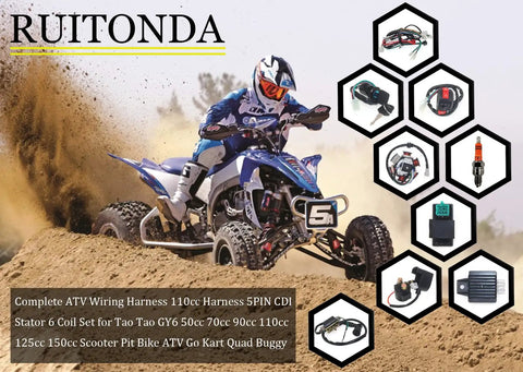 All In One ATV Wiring Harness Kit For 50cc To 150cc Go Karts Scooters And Pit Bikes GY6 Compatible displayed with ATV riding action and parts