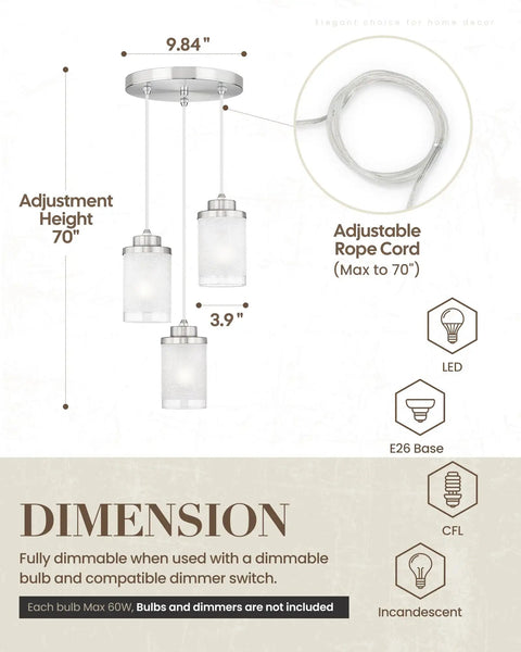 Brushed Nickel Modern Pendant Light For Kitchen Island Set Of 2 With Adjustable Height dimensions and features display.