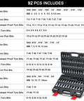 92 Piece Allen And Torx Socket Set For 1/4 3/8 1/2 Inch Drives with open case and list of included hex and torx bits