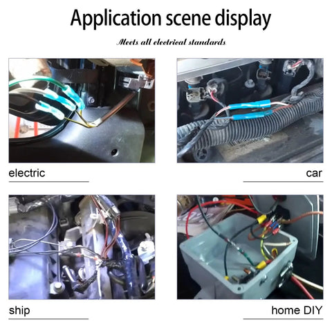 Butt connectors heat-shrink kit for electrical wiring; marine-grade inline splices shown in car, ship, and home DIY harnesses.