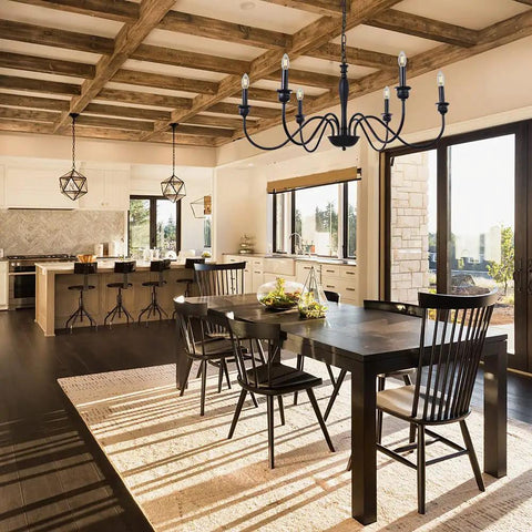 Six Light Farmhouse Chandelier In Black Iron For Dining Room And Kitchen Island Rustic Industrial Ceiling Light Fixture With Classic Candle Style Stems Perfect Foyer Living Room And Bedroom Lighting 38 Inch hanging over dining table.