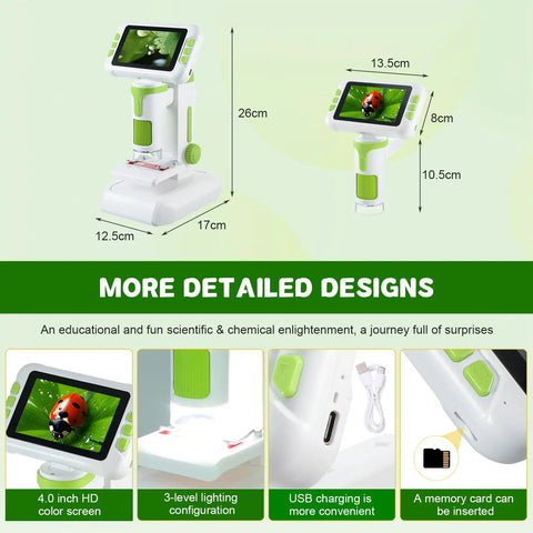 Kid Friendly Digital Microscope With 4 Inch HD Screen Totally Portable 2 In 1 Desktop Handheld Miniscope design features