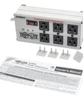 Isobar 6-Outlet Surge Protector Power Strip With 6ft Cord, right angle plug, heavy duty metal housing, shown with manual and accessories.