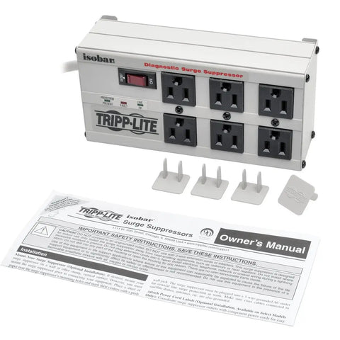 Isobar 6-Outlet Surge Protector Power Strip With 6ft Cord, right angle plug, heavy duty metal housing, shown with manual and accessories.