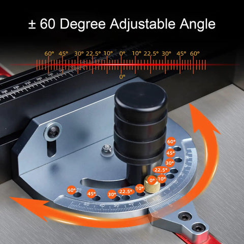 Rugged Aluminum Table Saw Miter Gauge Designed With Reliable Flip Stop Fence And Rapid Adjustable Locks Compatible With Router And Band Saw 3 8 By 3 4 Inch T Slot Offers Badass Stability For Daily Shop Work showing adjustable angle up to 60 degrees.
