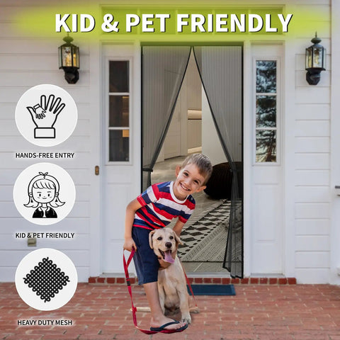 Child and dog using Magnetic Screen Door 36x82 Fits 38x83, Hands Free Bug Barrier For Pets on a white house entrance