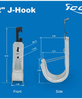 2 Inch J Hook with snug retainer clip dimensions, galvanized steel cable management clip, for routing wire on threaded rod.