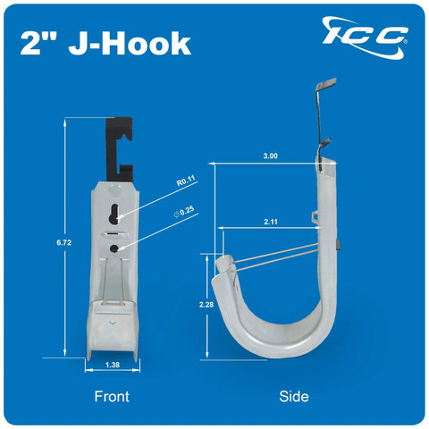 2 Inch J Hook with snug retainer clip dimensions, galvanized steel cable management clip, for routing wire on threaded rod.