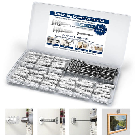120 Piece Self Drilling Drywall Anchors With Rust Resistant Stainless Steel Screws Heavy Duty Wall Anchor Kit For Hollow Walls Sheetrock in storage case.