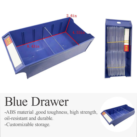 Blue ABS storage drawer with dimensions showing customizable sections for organization.