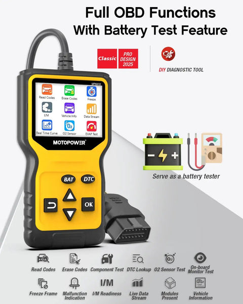 All In One OBD2 Scanner Code Reader Plug And Play With Battery Tester Check Engine Light Diagnostic Tool display
