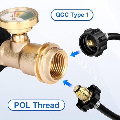 Propane Tank Gauge Level Indicator For 20Lb Tanks With Leak Detector, brass fitting shown with QCC Type1 inlet and POL thread