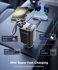 Retractable Car Charger 99W Dual Extendable Cables USB C Fast Charge For iPhone 17 16 15 14 13 12 And Samsung On The Go with devices connected.