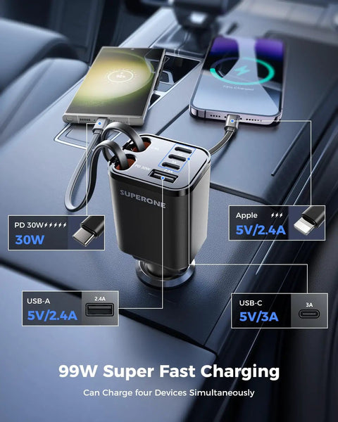 Retractable Car Charger 99W Dual Extendable Cables USB C Fast Charge For iPhone 17 16 15 14 13 12 And Samsung On The Go with devices connected.