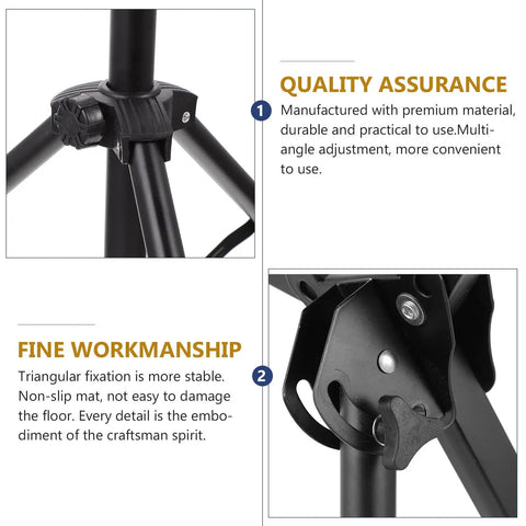 Close-up of Rock Solid Adjustable 12 Inch Snare Drum Rack Tripod Stand Black folding mechanism for easy transportation and stability.