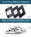 Heavy Duty Stainless Steel Door Strike Shim Spacer Plates Set of three varying thicknesses, matte black and silver, for secure installation.