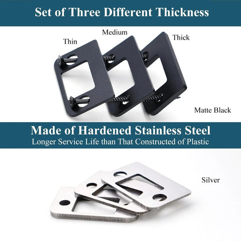 Heavy Duty Stainless Steel Door Strike Shim Spacer Plates Set of three varying thicknesses, matte black and silver, for secure installation.