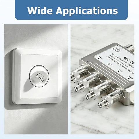 Coax Cap Covers 10 Pack 75 Ohm Unused Coax Port Terminators Stop Signal Leakage And Pixelation, wall plate, splitter shown