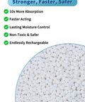 Close-up of activated alumina desiccant beads emphasizing 10X more absorption and lasting moisture control with safety features listed.