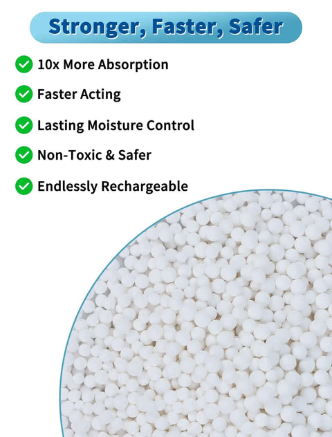 Close-up of activated alumina desiccant beads emphasizing 10X more absorption and lasting moisture control with safety features listed.