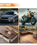 High Pressure Car Wash Gun With 4350 PSI Max Quick Connect One Quarter Inch Outlet And Five Nozzles For Fast Easy Car Cleaning M22 14 Thread Inlet Auto Cleaning Sprayer Tool shown in use on car and motorcycle, and suitable for patio and furniture cleaning.