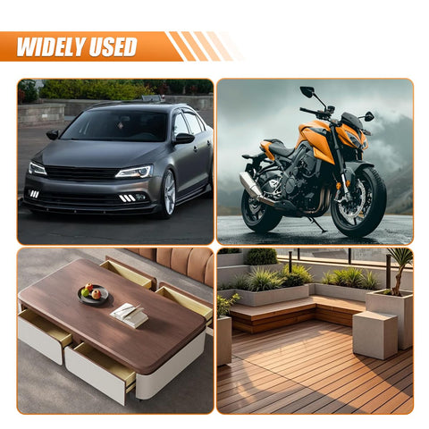 High Pressure Car Wash Gun With 4350 PSI Max Quick Connect One Quarter Inch Outlet And Five Nozzles For Fast Easy Car Cleaning M22 14 Thread Inlet Auto Cleaning Sprayer Tool shown in use on car and motorcycle, and suitable for patio and furniture cleaning.