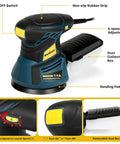 Slick Five Inch Orbital Sander With Six Speed Controls And Killer Dust Collection For Dead Simple Wood And Metal Refinishing At Thirteen Thousand Rpm With Twenty Grit Abrasive Discs Ready To Go with non-slip grip and adjustable speed.