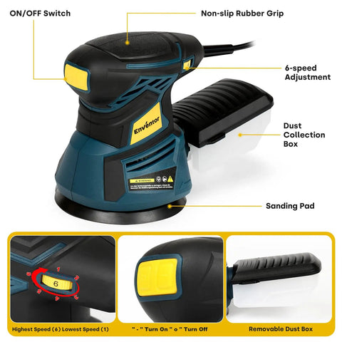 Slick Five Inch Orbital Sander With Six Speed Controls And Killer Dust Collection For Dead Simple Wood And Metal Refinishing At Thirteen Thousand Rpm With Twenty Grit Abrasive Discs Ready To Go with non-slip grip and adjustable speed.