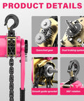 Lever Chain Hoist One And A Half Ton Capacity With Ten Foot Lift And Dual Heavy Duty Hooks Manganese Steel G80 Chain Double Pawl Brake Come Along For Warehouse Automotive Garages Pink Finish showing product gears and hooks