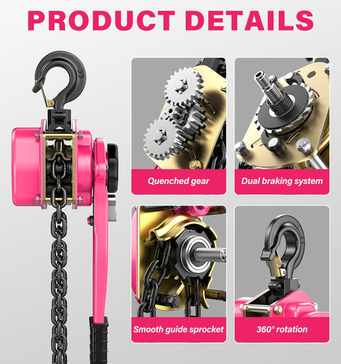 Lever Chain Hoist One And A Half Ton Capacity With Ten Foot Lift And Dual Heavy Duty Hooks Manganese Steel G80 Chain Double Pawl Brake Come Along For Warehouse Automotive Garages Pink Finish showing product gears and hooks