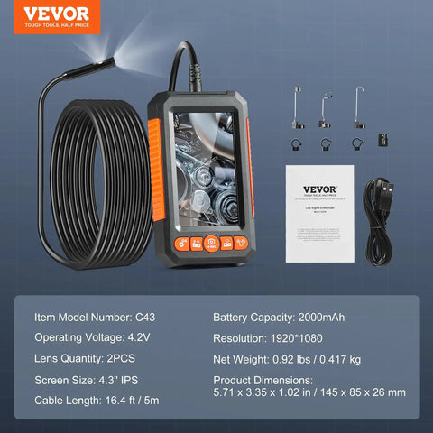 Dual Lens Endoscope Camera With Light For Auto And Plumbing, 4.3 Inch IPS Screen, 1080P HD Inspection Camera, 8 Plus 1 LED Lights With 3 Brightness Levels, 4X Zoom, IP67 Waterproof Snake Cam, 16.4 Ft Cable, 32GB Card Included, with cable and accessories