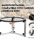 360 Degree Wheel Truing Stand for Bike Repair and Spoke Lacing with adjustable rotating wheel stand in a workshop setting.