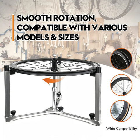 360 Degree Wheel Truing Stand for Bike Repair and Spoke Lacing with adjustable rotating wheel stand in a workshop setting.