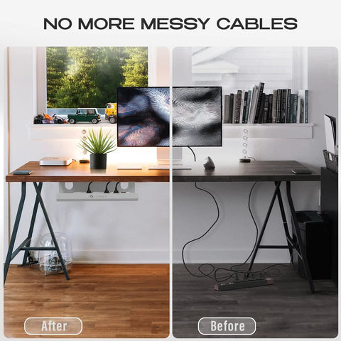 Before and after of desk with Under Desk Cable Management Tray With 3M VHB Tape, Slim Steel Wire Organizer, Charger Holder For Desk