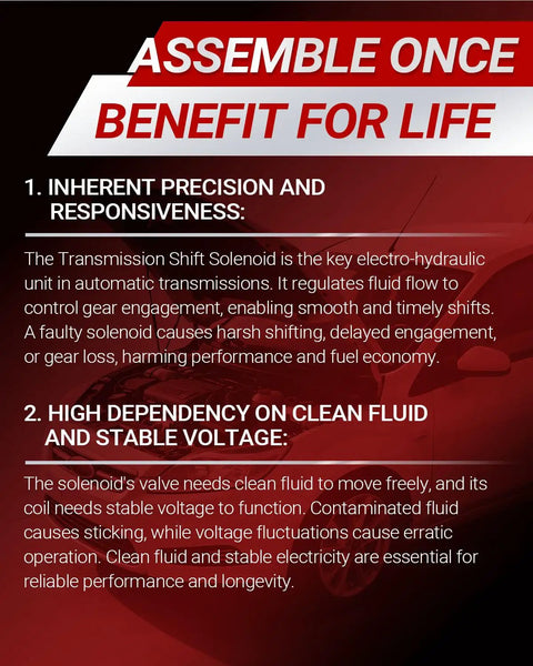 Informational text about transmission shift solenoid benefits, highlighting precision, responsiveness, and fluid/voltage dependency.