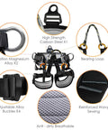 Heavy-Duty Climbing Harness Belt For Tree Climbing And Outdoor Rescue, with cushioned pads, buckles, and loops highlighted in detail.