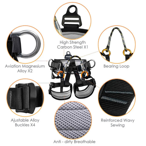 Heavy-Duty Climbing Harness Belt For Tree Climbing And Outdoor Rescue, with cushioned pads, buckles, and loops highlighted in detail.