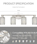 4 Light Vanity Light Fixture in Brushed Nickel With Crystal Shade, Modern Farmhouse Style dimensions and bulb compatibility