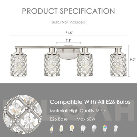 4 Light Vanity Light Fixture in Brushed Nickel With Crystal Shade, Modern Farmhouse Style dimensions and bulb compatibility